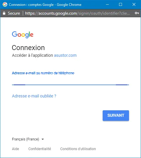 Asustor - DataSync for Google Drive connexion Google